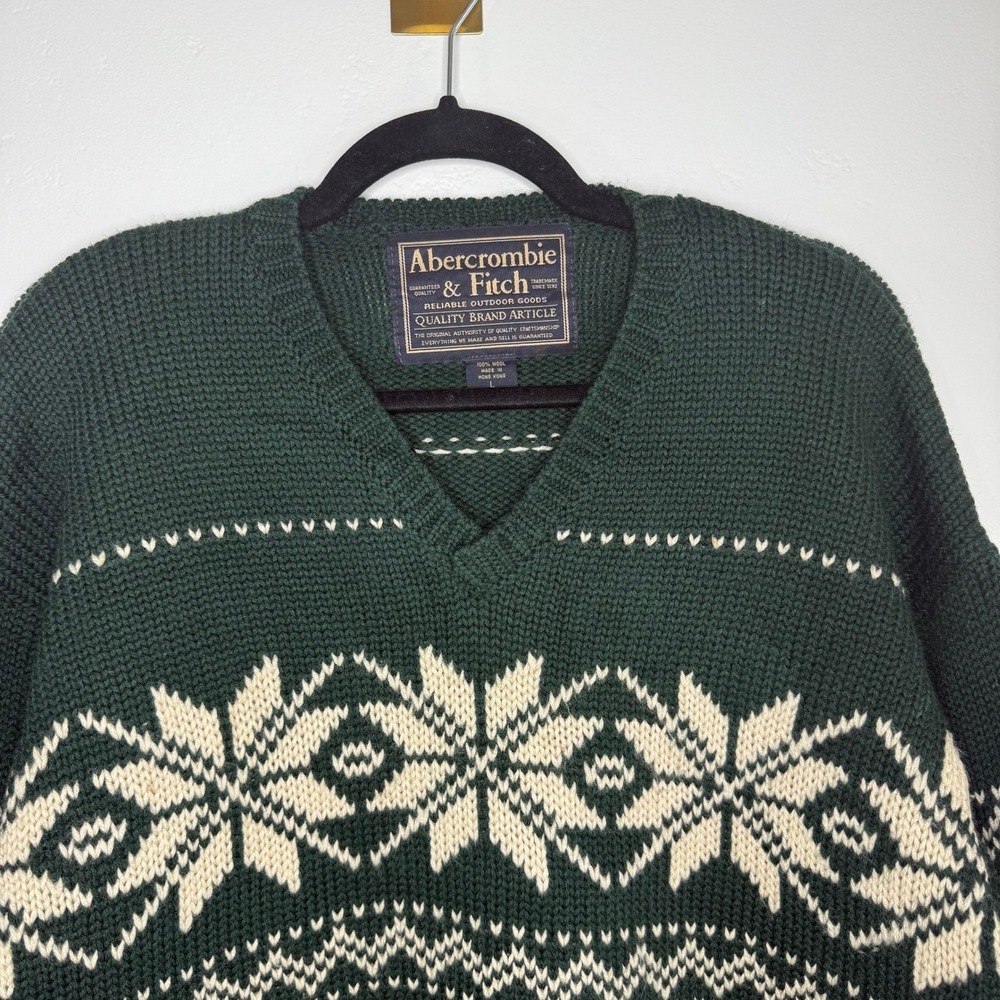 Vintage Abercrombie & Fitch Wool Sweater Green Fair Isle Nordic Ski Snowflake L - Picture 2 of 11